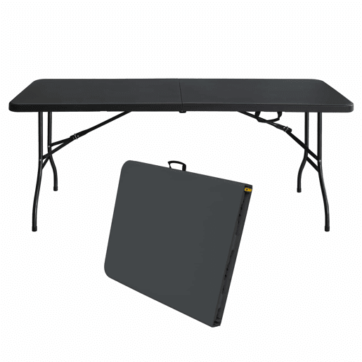Mesa dobrável portátil de 180 cm - resistente, multifuncional, com pega, capacidade de carga de 135 kg - preta Mesa dobrável portátil de 180 cm - resistente, multifuncional, com pega, capacidade de carga de 135 kg - preta