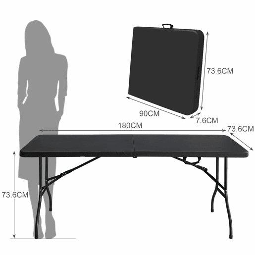 Mesa dobrável portátil de 180 cm - resistente, multifuncional, com pega, capacidade de carga de 135 kg - preta Mesa dobrável portátil de 180 cm - resistente, multifuncional, com pega, capacidade de carga de 135 kg - preta