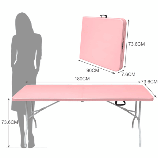 Mesa dobrável portátil de 180 cm - resistente, multifuncional, com alça, capacidade de 135 kg - rosa Mesa dobrável portátil de 180 cm - resistente, multifuncional, com alça, capacidade de 135 kg - rosa