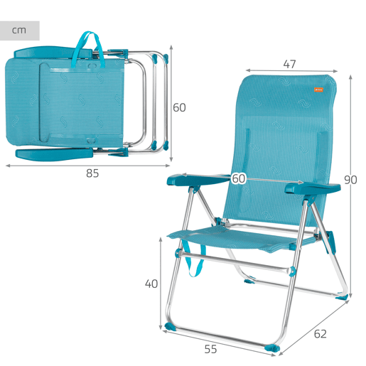 Pack 2 cadeiras de praia altas com múltiplas posições, 47x62x90 cm turquesa