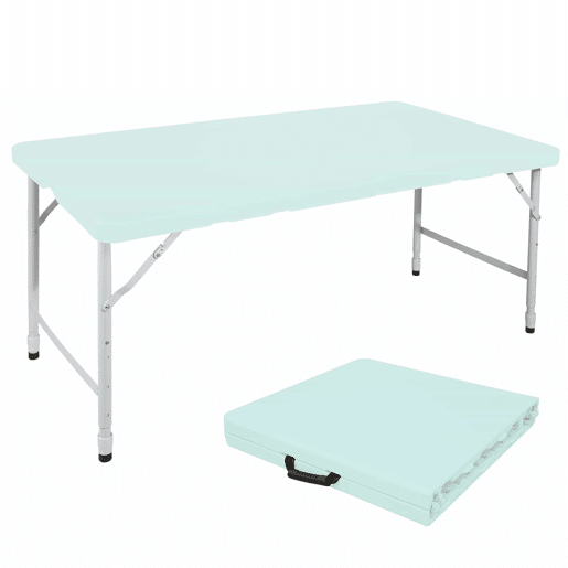 Mesa dobrável portátil de 125 cm - altura ajustável, resistência de 135 kg, multifuncional com pega - azul Mesa dobrável portátil de 125 cm - altura ajustável, resistência de 135 kg, multifuncional com pega - azul