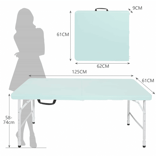 Mesa dobrável portátil de 125 cm - altura ajustável, resistência de 135 kg, multifuncional com pega - azul Mesa dobrável portátil de 125 cm - altura ajustável, resistência de 135 kg, multifuncional com pega - azul
