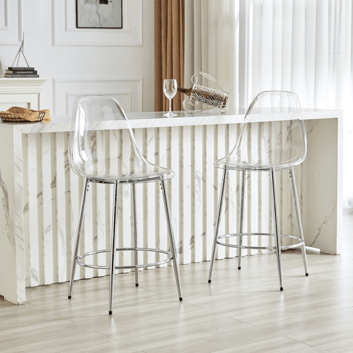 Conjunto de 2 bancos transparentes - Design flutuante - Altura: 102 cm - Pernas metálicas prateadas Conjunto de 2 bancos transparentes - Design flutuante - Altura: 102 cm - Pernas metálicas prateadas