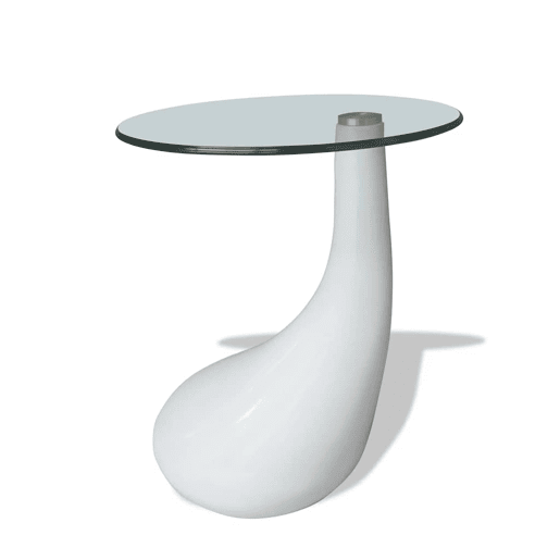 Mesa de Centro, Mesa baixa, com tampo redondo de vidro, branco brilhante Mesa de Centro, Mesa baixa, com tampo redondo de vidro, branco brilhante