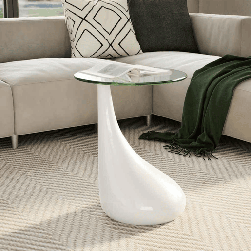 Mesa de Centro, Mesa baixa, com tampo redondo de vidro, branco brilhante Mesa de Centro, Mesa baixa, com tampo redondo de vidro, branco brilhante