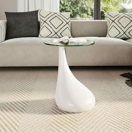 Mesa de Centro, Mesa baixa, com tampo redondo de vidro, branco brilhante Mesa de Centro, Mesa baixa, com tampo redondo de vidro, branco brilhante