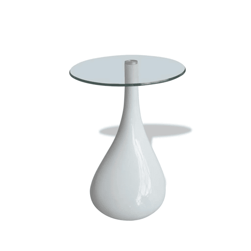 Mesa de Centro, Mesa baixa, com tampo redondo de vidro, branco brilhante Mesa de Centro, Mesa baixa, com tampo redondo de vidro, branco brilhante