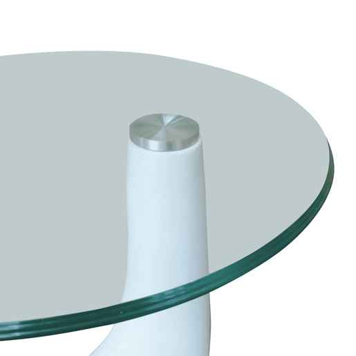 Mesa de Centro, Mesa baixa, com tampo redondo de vidro, branco brilhante Mesa de Centro, Mesa baixa, com tampo redondo de vidro, branco brilhante