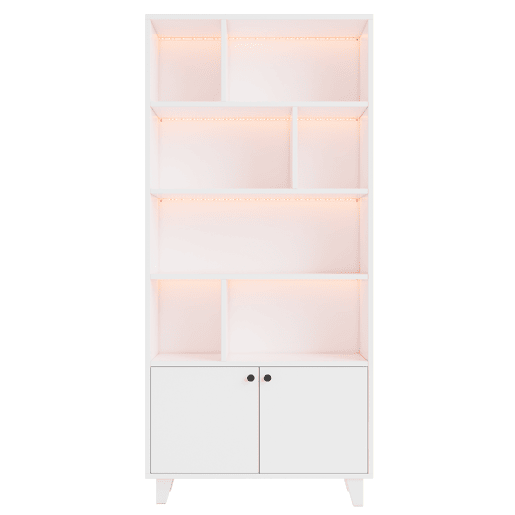 Estante 80x30x173 cm - Com pés em madeira maciça, várias prateleiras, portas duplas, luz LED com mudança de cor, comando à distância - Branca