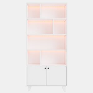 Estante 80x30x173 cm - Com pés em madeira maciça, várias prateleiras, portas duplas, luz LED com mudança de cor, comando à distância - Branca