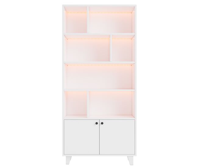 Estantería 80x30x173 cm - con patas de madera maciza, estantes múltiples, puertas dobles, luz led con cambio de color, mando a distancia - blanca
