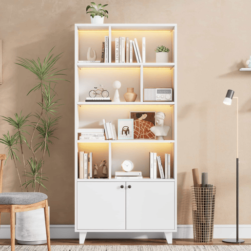 Estante 80x30x173 cm - Com pés em madeira maciça, várias prateleiras, portas duplas, luz LED com mudança de cor, comando à distância - Branca