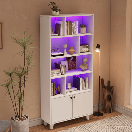Estante 80x30x173 cm - Com pés em madeira maciça, várias prateleiras, portas duplas, luz LED com mudança de cor, comando à distância - Branca