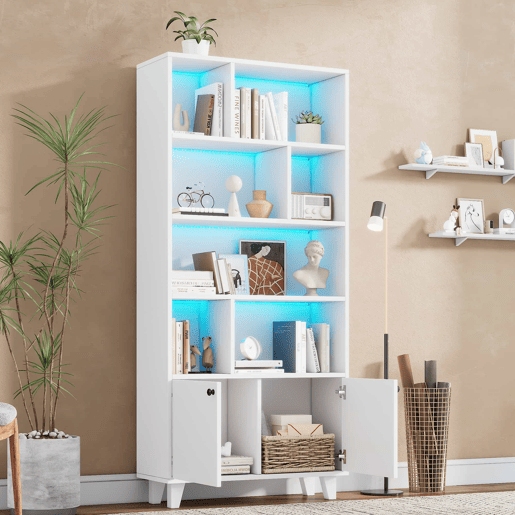 Estante 80x30x173 cm - Com pés em madeira maciça, várias prateleiras, portas duplas, luz LED com mudança de cor, comando à distância - Branca