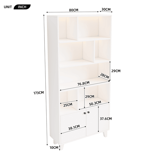 Estante 80x30x173 cm - Com pés em madeira maciça, várias prateleiras, portas duplas, luz LED com mudança de cor, comando à distância - Branca