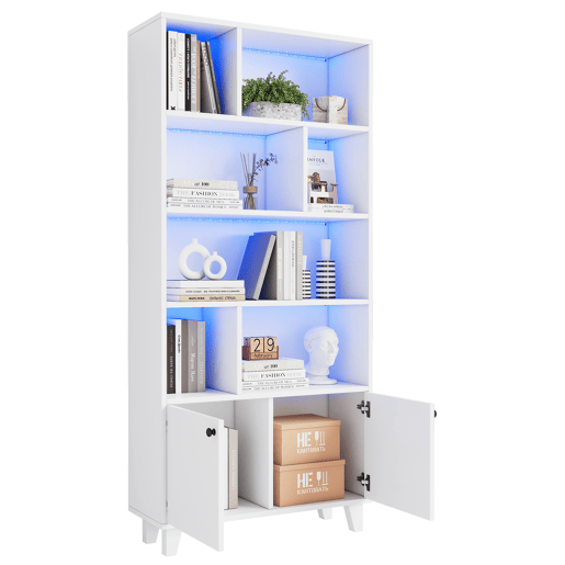 Estante 80x30x173 cm - Com pés em madeira maciça, várias prateleiras, portas duplas, luz LED com mudança de cor, comando à distância - Branca