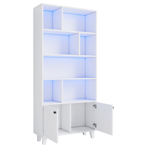 Estante 80x30x173 cm - Com pés em madeira maciça, várias prateleiras, portas duplas, luz LED com mudança de cor, comando à distância - Branca