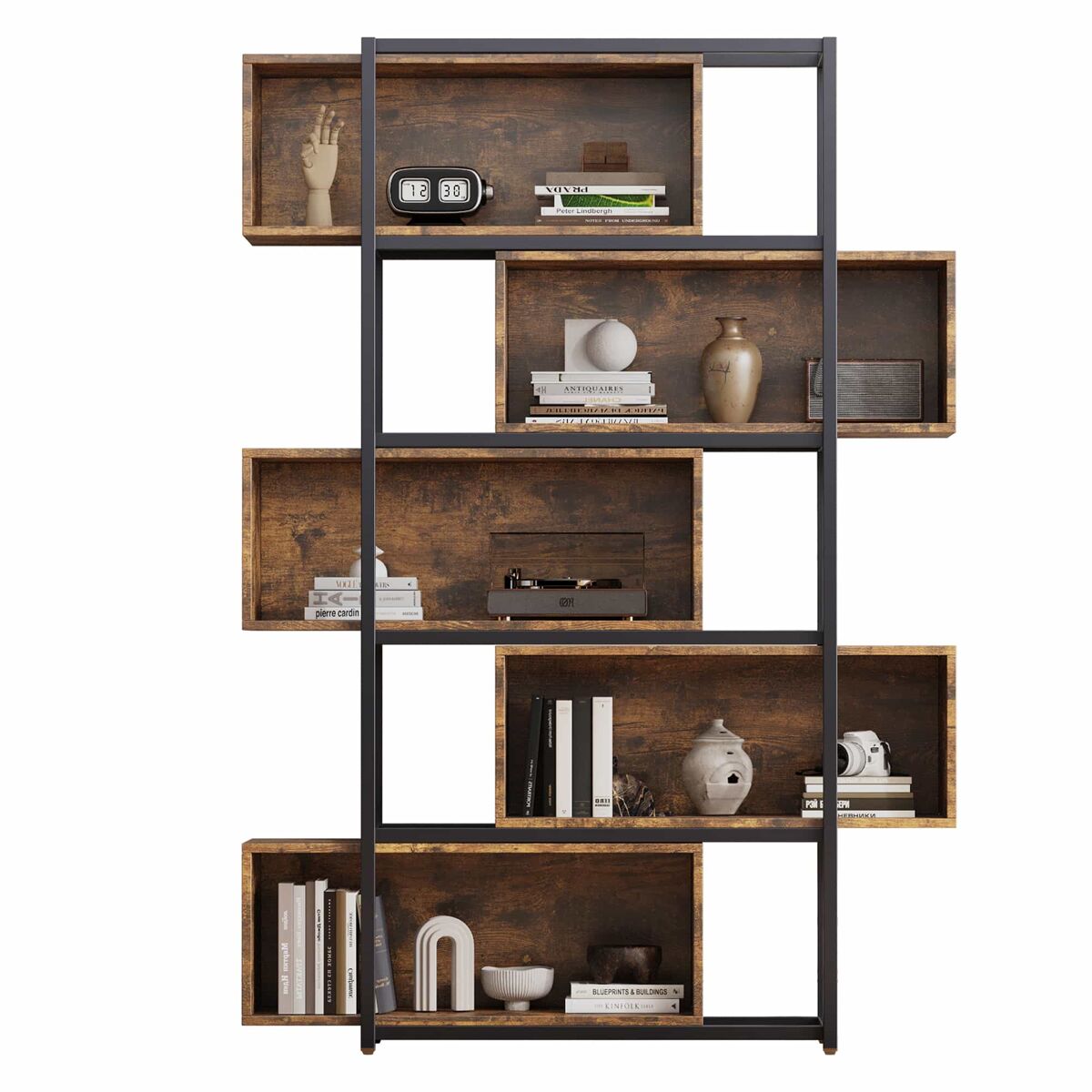 Estantería para libros 5 niveles - con estantes ajustables, acabado madera marrón, estructura de acero negro + marrón