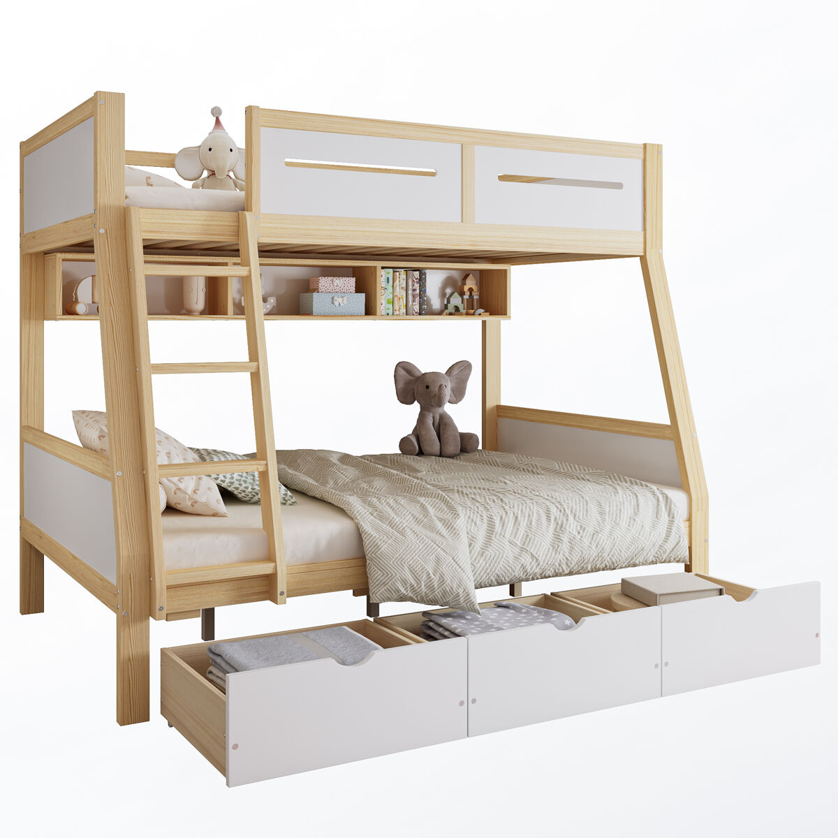 Cama alta 90x200cm/120x200cm - tres cajones con ruedas, estante para libros, seguridad total, escalera - blanco+natural