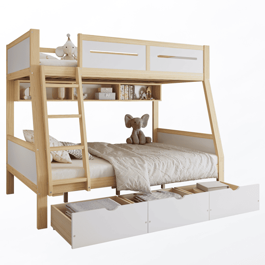 Cama alta 90x200cm120x200cm - Três gavetas com rodas, prateleira para livros, segurança total, escada - Branco+Natural