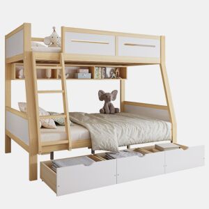 Cama alta 90x200cm120x200cm - Três gavetas com rodas, prateleira para livros, segurança total, escada - Branco+Natural