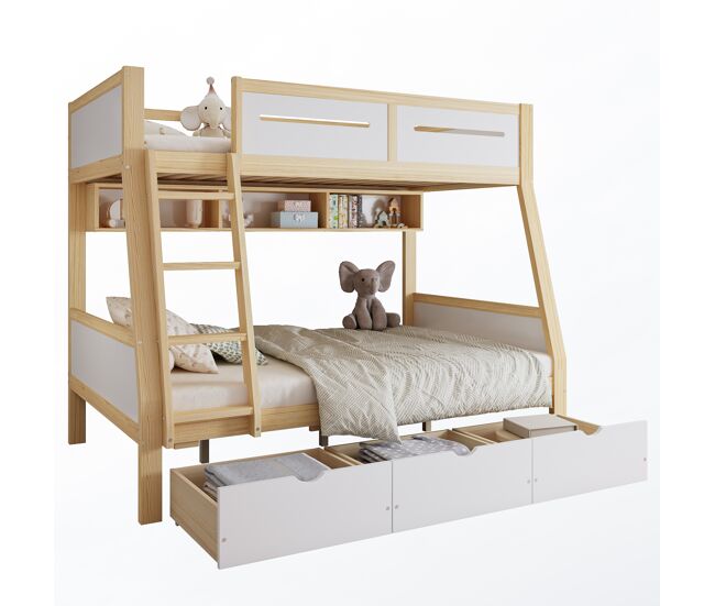 Cama alta 90x200cm/120x200cm - tres cajones con ruedas, estante para libros, seguridad total, escalera - blanco+natural