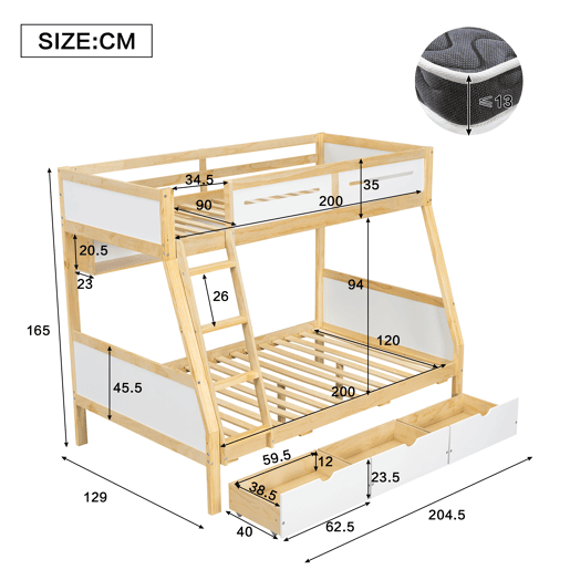 Cama alta 90x200cm120x200cm - Três gavetas com rodas, prateleira para livros, segurança total, escada - Branco+Natural