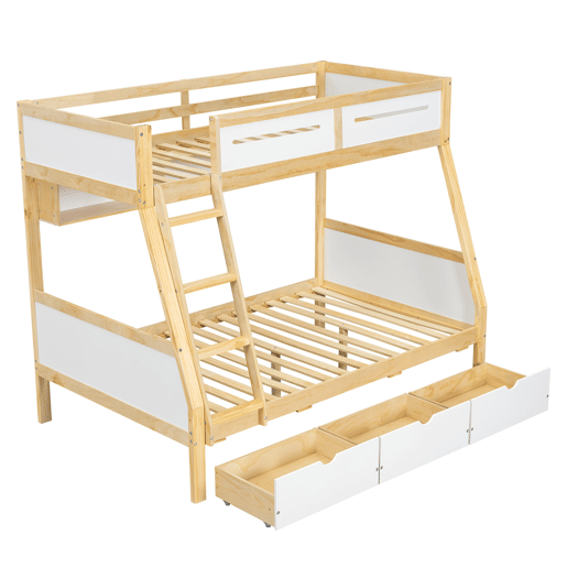 Cama alta 90x200cm120x200cm - Três gavetas com rodas, prateleira para livros, segurança total, escada - Branco+Natural