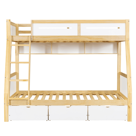 Cama alta 90x200cm120x200cm - Três gavetas com rodas, prateleira para livros, segurança total, escada - Branco+Natural