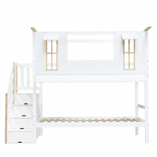 Cama beliche infantil 90x200 cm - Escada com arrumação, Janelas requintadas, Teto ondulado - Branco+Natural