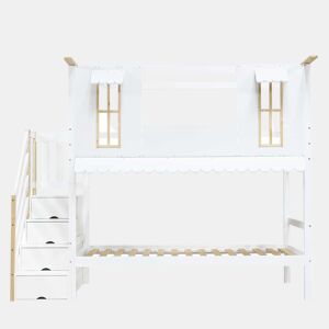 Cama beliche infantil 90x200 cm - Escada com arrumação, Janelas requintadas, Teto ondulado - Branco+Natural