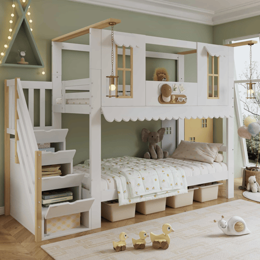 Cama beliche infantil 90x200 cm - Escada com arrumação, Janelas requintadas, Teto ondulado - Branco+Natural