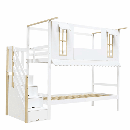 Cama beliche infantil 90x200 cm - Escada com arrumação, Janelas requintadas, Teto ondulado - Branco+Natural