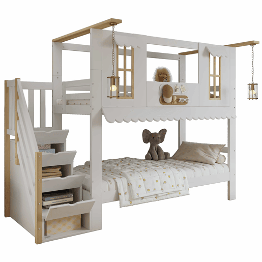 Cama beliche infantil 90x200 cm - Escada com arrumação, Janelas requintadas, Teto ondulado - Branco+Natural