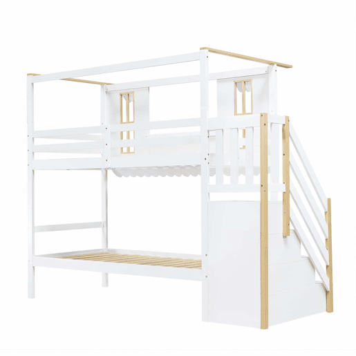 Cama beliche infantil 90x200 cm - Escada com arrumação, Janelas requintadas, Teto ondulado - Branco+Natural