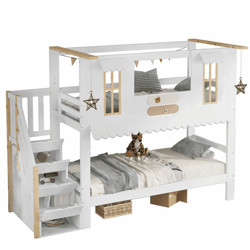 Cama beliche infantil 90x200 cm - Escada com arrumação, Janelas requintadas, Teto ondulado - Branco+Natural