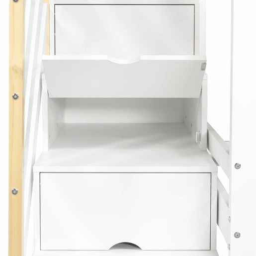 Cama beliche infantil 90x200 cm - Escada com arrumação, Janelas requintadas, Teto ondulado - Branco+Natural