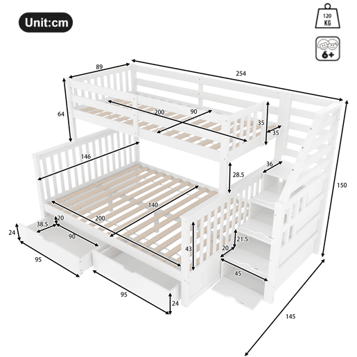 Beliche 90x200 cm - Com gavetas, arrumação, multifuncional, sem colchão, branco