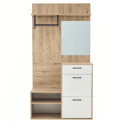 Conjunto de guarda-roupa 100x38,5x190 cm - com espelho, sapateira, armário de entrada, prateleira suspensa, 1 gaveta e 2 armários, muito espaço de arrumação - Branco + Madeira Original Conjunto de guarda-roupa 100x38,5x190 cm - com espelho, sapateira, armário de entrada, prateleira suspensa, 1 gaveta e 2 armários, muito espaço de arrumação - Branco + Madeira Original