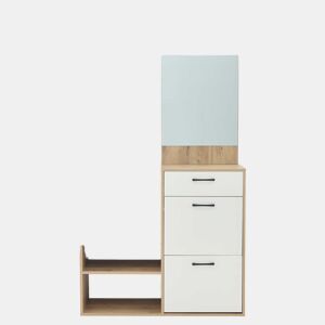 Conjunto de guarda-roupa 100x38,5x190 cm - com espelho, sapateira, armário de entrada, prateleira suspensa, 1 gaveta e 2 armários, muito espaço de arrumação - Branco + Madeira Original