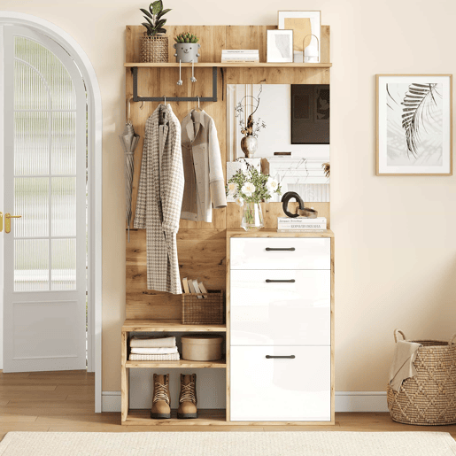Conjunto de guarda-roupa 100x38,5x190 cm - com espelho, sapateira, armário de entrada, prateleira suspensa, 1 gaveta e 2 armários, muito espaço de arrumação - Branco + Madeira Original Conjunto de guarda-roupa 100x38,5x190 cm - com espelho, sapateira, armário de entrada, prateleira suspensa, 1 gaveta e 2 armários, muito espaço de arrumação - Branco + Madeira Original