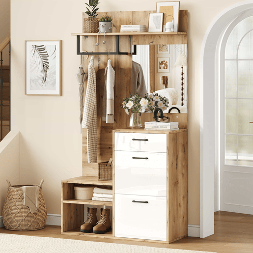 Conjunto de guarda-roupa 100x38,5x190 cm - com espelho, sapateira, armário de entrada, prateleira suspensa, 1 gaveta e 2 armários, muito espaço de arrumação - Branco + Madeira Original Conjunto de guarda-roupa 100x38,5x190 cm - com espelho, sapateira, armário de entrada, prateleira suspensa, 1 gaveta e 2 armários, muito espaço de arrumação - Branco + Madeira Original