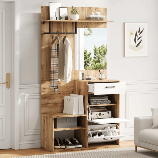 Conjunto de guarda-roupa 100x38,5x190 cm - com espelho, sapateira, armário de entrada, prateleira suspensa, 1 gaveta e 2 armários, muito espaço de arrumação - Branco + Madeira Original Conjunto de guarda-roupa 100x38,5x190 cm - com espelho, sapateira, armário de entrada, prateleira suspensa, 1 gaveta e 2 armários, muito espaço de arrumação - Branco + Madeira Original