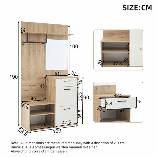 Conjunto de guarda-roupa 100x38,5x190 cm - com espelho, sapateira, armário de entrada, prateleira suspensa, 1 gaveta e 2 armários, muito espaço de arrumação - Branco + Madeira Original Conjunto de guarda-roupa 100x38,5x190 cm - com espelho, sapateira, armário de entrada, prateleira suspensa, 1 gaveta e 2 armários, muito espaço de arrumação - Branco + Madeira Original