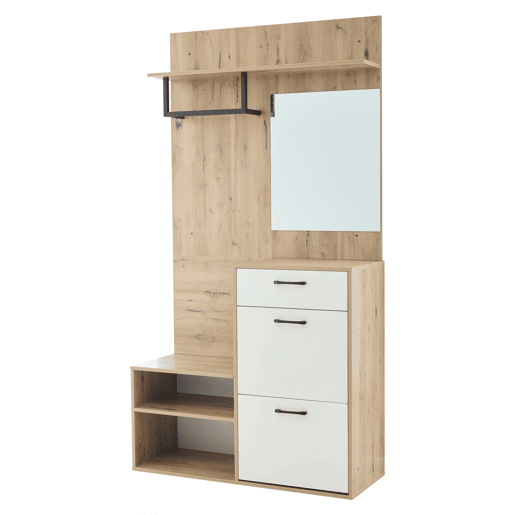 Conjunto de guarda-roupa 100x38,5x190 cm - com espelho, sapateira, armário de entrada, prateleira suspensa, 1 gaveta e 2 armários, muito espaço de arrumação - Branco + Madeira Original Conjunto de guarda-roupa 100x38,5x190 cm - com espelho, sapateira, armário de entrada, prateleira suspensa, 1 gaveta e 2 armários, muito espaço de arrumação - Branco + Madeira Original