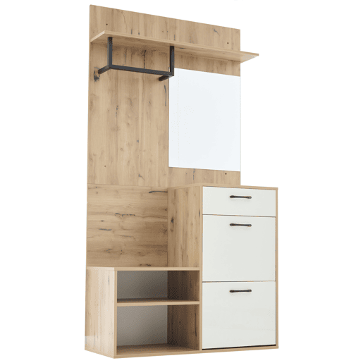 Conjunto de guarda-roupa 100x38,5x190 cm - com espelho, sapateira, armário de entrada, prateleira suspensa, 1 gaveta e 2 armários, muito espaço de arrumação - Branco + Madeira Original Conjunto de guarda-roupa 100x38,5x190 cm - com espelho, sapateira, armário de entrada, prateleira suspensa, 1 gaveta e 2 armários, muito espaço de arrumação - Branco + Madeira Original