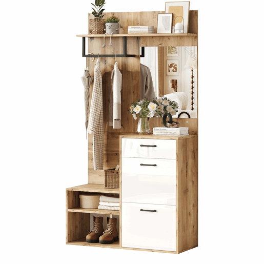 Conjunto de guarda-roupa 100x38,5x190 cm - com espelho, sapateira, armário de entrada, prateleira suspensa, 1 gaveta e 2 armários, muito espaço de arrumação - Branco + Madeira Original Conjunto de guarda-roupa 100x38,5x190 cm - com espelho, sapateira, armário de entrada, prateleira suspensa, 1 gaveta e 2 armários, muito espaço de arrumação - Branco + Madeira Original