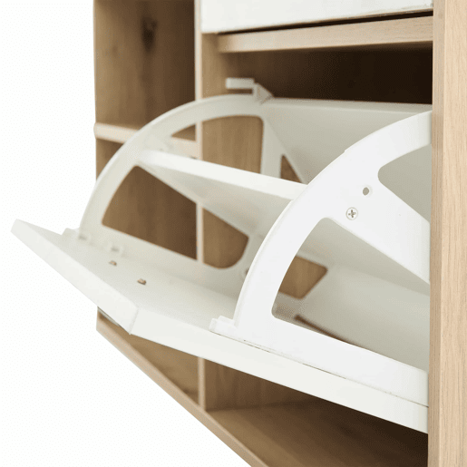 Conjunto de guarda-roupa 100x38,5x190 cm - com espelho, sapateira, armário de entrada, prateleira suspensa, 1 gaveta e 2 armários, muito espaço de arrumação - Branco + Madeira Original Conjunto de guarda-roupa 100x38,5x190 cm - com espelho, sapateira, armário de entrada, prateleira suspensa, 1 gaveta e 2 armários, muito espaço de arrumação - Branco + Madeira Original