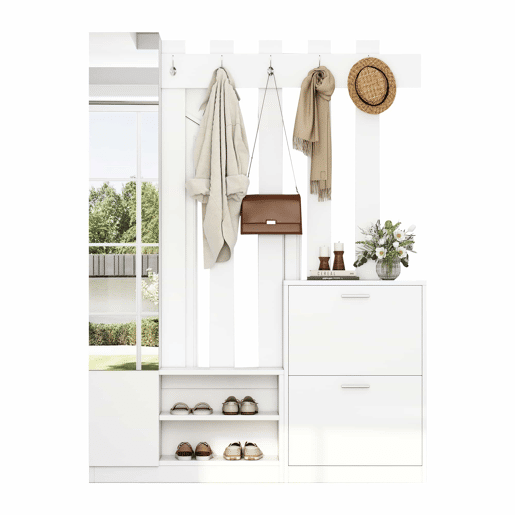 Conjunto de guarda-roupa 135x25x180 cm - com espelho, armário de corredor, prateleira suspensa, com 2 portas basculantes para sapatos + 2 armários de arrumação - Branco Conjunto de guarda-roupa 135x25x180 cm - com espelho, armário de corredor, prateleira suspensa, com 2 portas basculantes para sapatos + 2 armários de arrumação - Branco