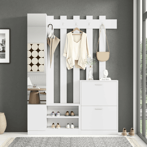 Conjunto de guarda-roupa 135x25x180 cm - com espelho, armário de corredor, prateleira suspensa, com 2 portas basculantes para sapatos + 2 armários de arrumação - Branco Conjunto de guarda-roupa 135x25x180 cm - com espelho, armário de corredor, prateleira suspensa, com 2 portas basculantes para sapatos + 2 armários de arrumação - Branco